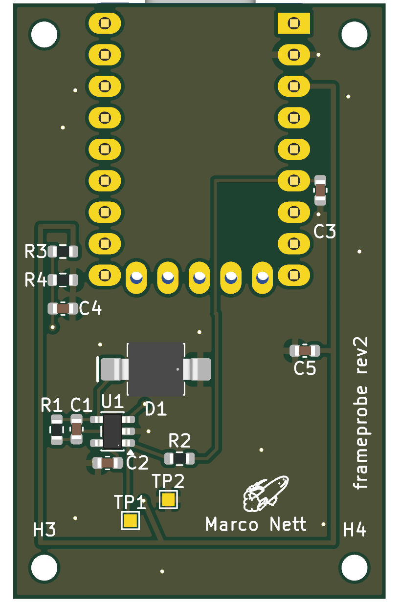 Render of the green 30 by 48 millimeter frameprobe sensor board with its photodiode and analog front end.