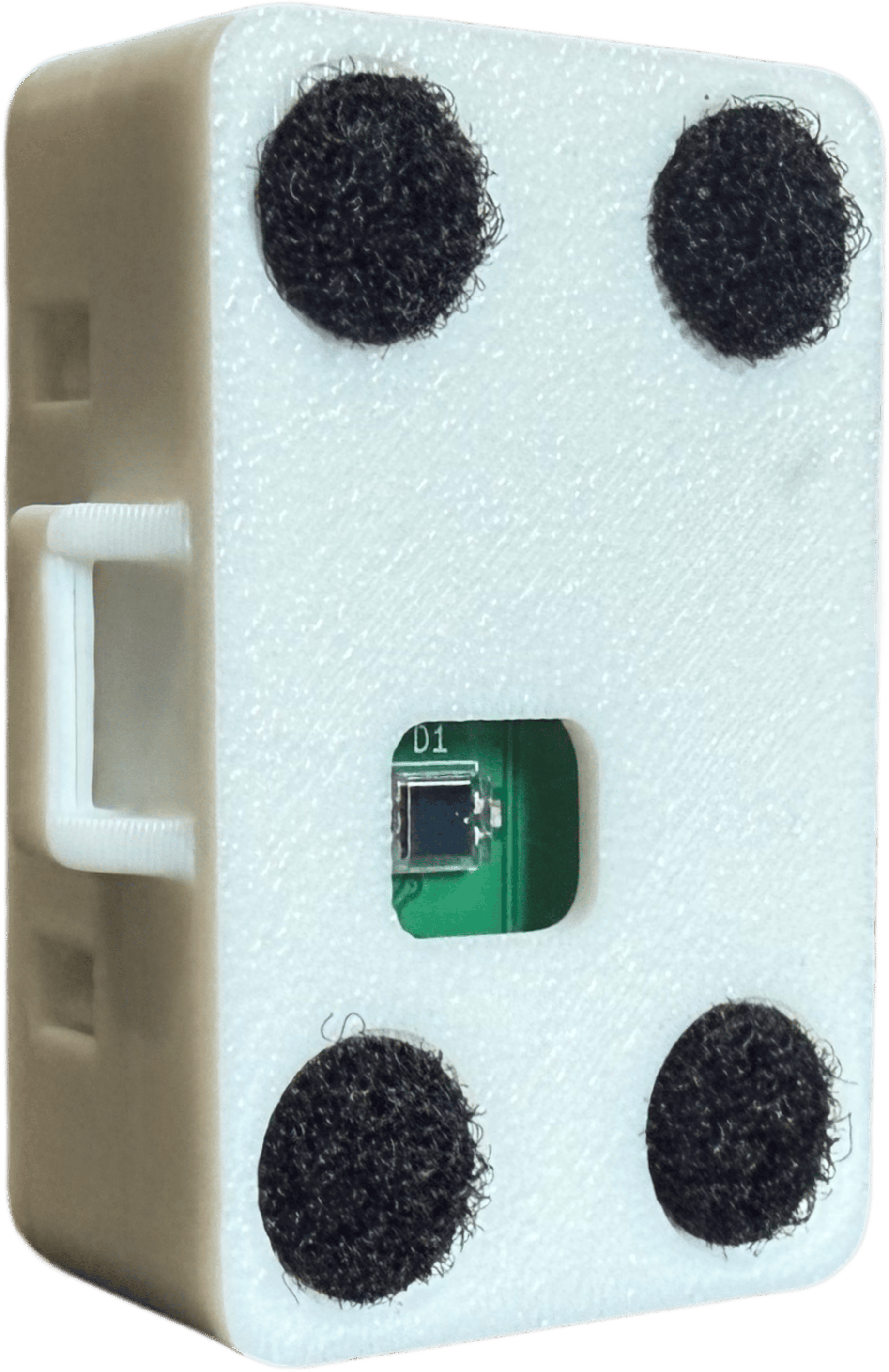 Back of the white frameprobe enclosure, showing four screen-contact pads, strap loops, and the photodiode through its central aperture.