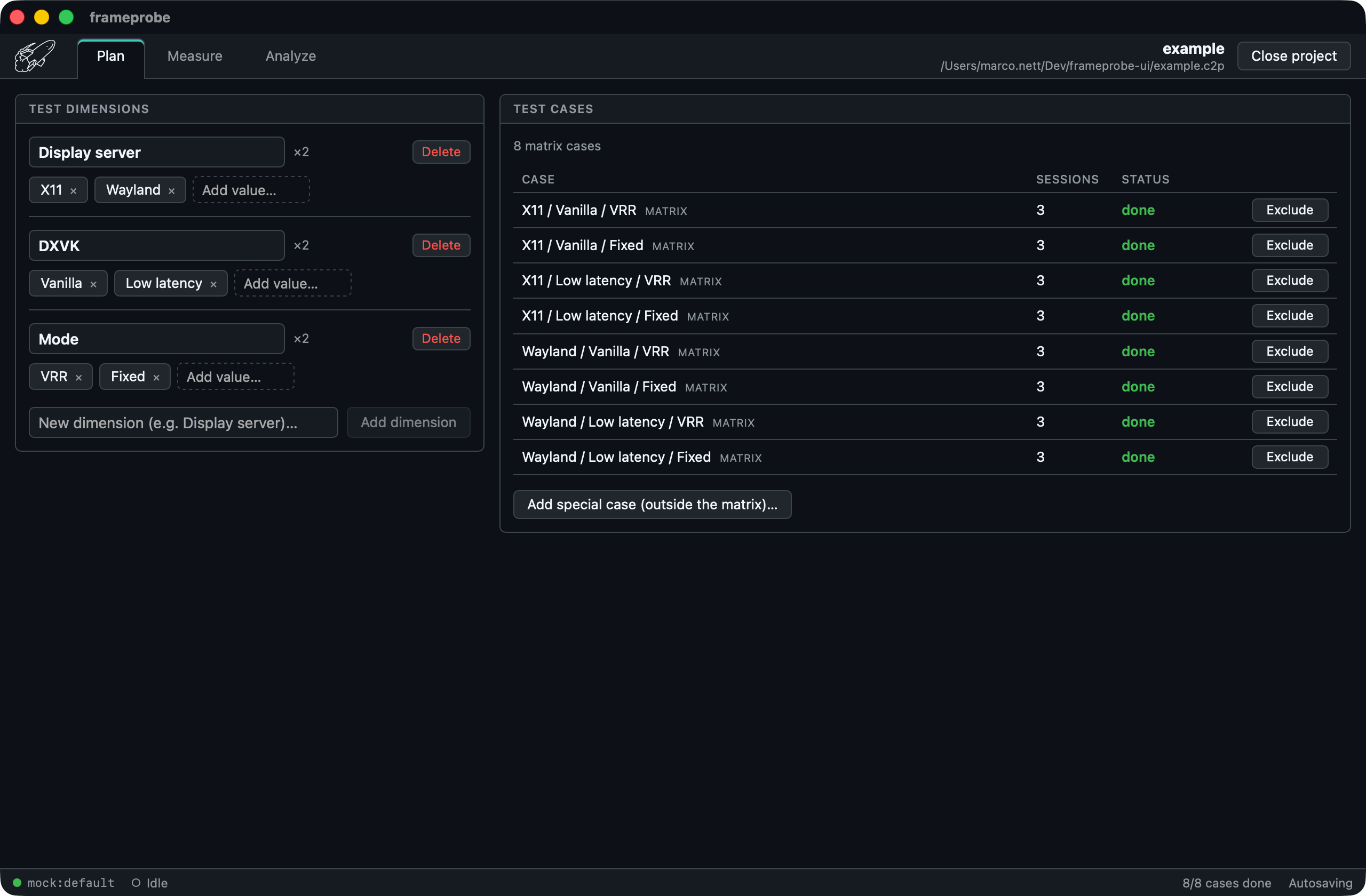 The frameprobe desktop app Plan view, showing Display server, DXVK, and Mode dimensions alongside the generated eight-case test matrix.