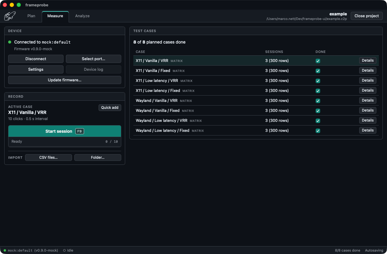 The frameprobe desktop app Measure view, with a connected USB device, recording controls, and eight completed test cases.